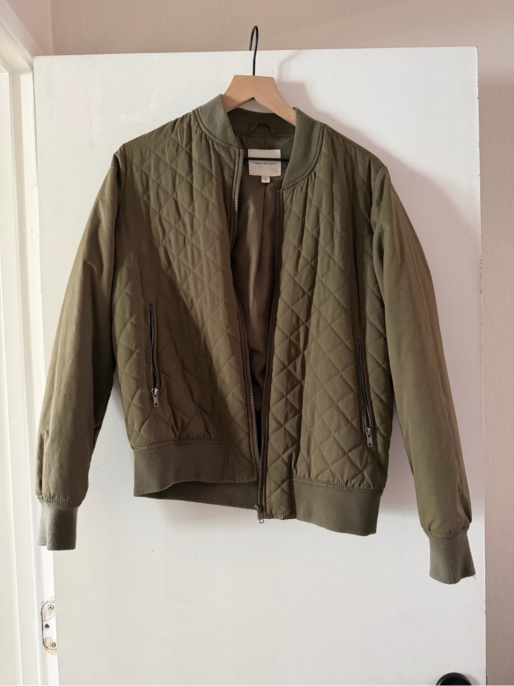 Thread & Supply Olive Green Quilted Bomber Jacket